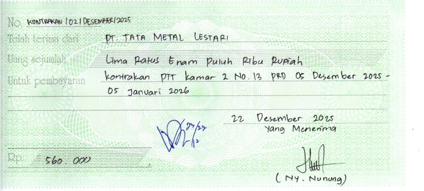 TML - Penyediaan Kontrakan Tukang Kamar 2 Oleh Bu Nunung Periode   5 Desember 2025 - 5 januari 2026